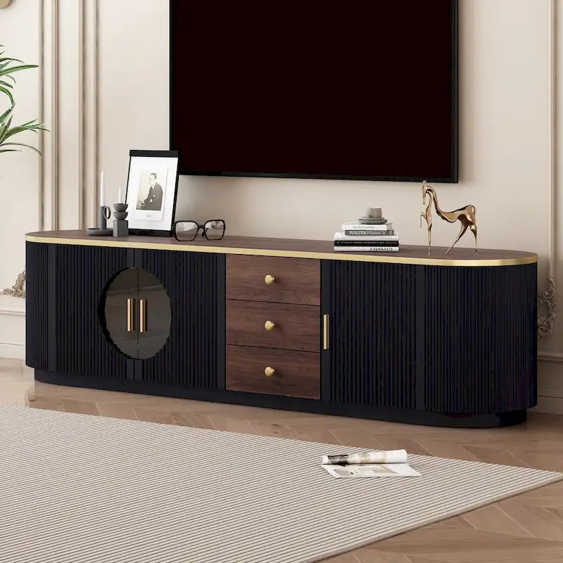 Meuble TV incurvé en bois avec tiroirs et armoires blanc doré