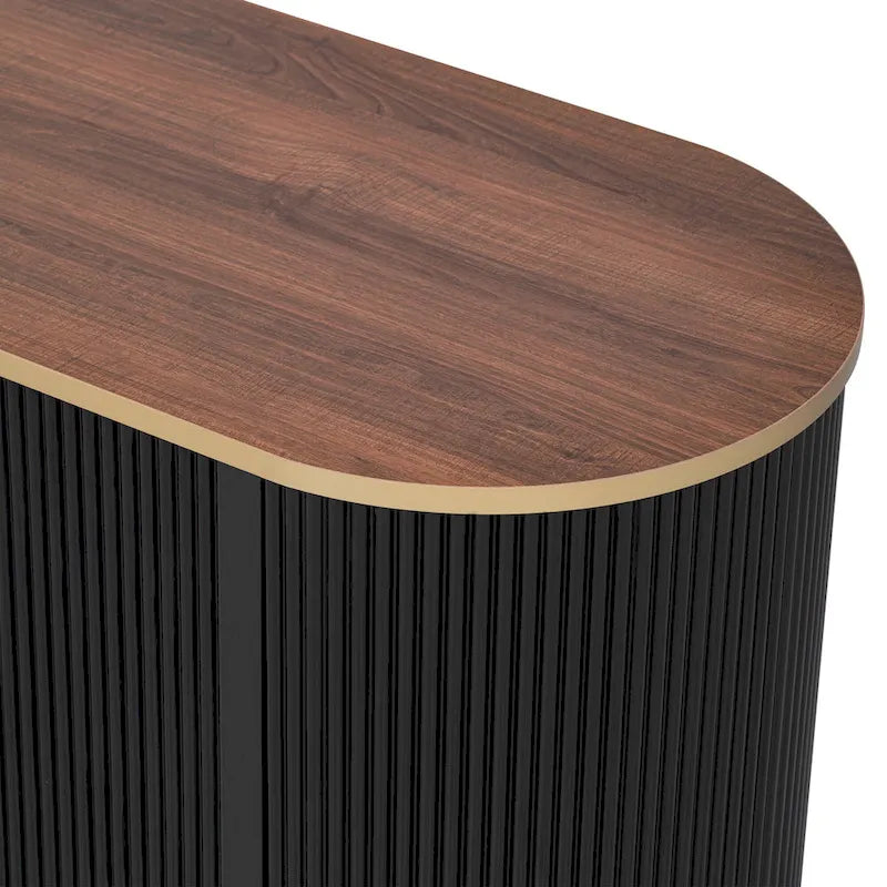 Meuble TV incurvé en bois avec tiroirs et armoires blanc doré