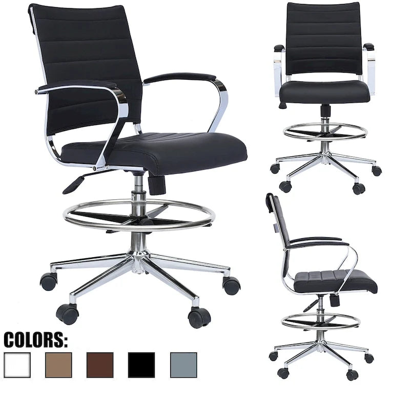 Chaise de bureau à dossier mi-haut en cuir PU, pivotante et réglable en hauteur, avec accoudoirs et repose-pieds