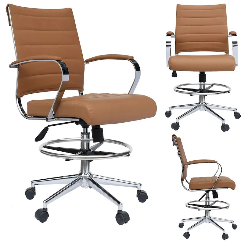 Chaise de bureau à dossier mi-haut en cuir PU, pivotante et réglable en hauteur, avec accoudoirs et repose-pieds