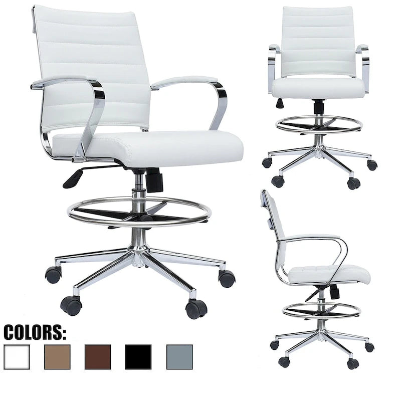 Chaise de bureau à dossier mi-haut en cuir PU, pivotante et réglable en hauteur, avec accoudoirs et repose-pieds