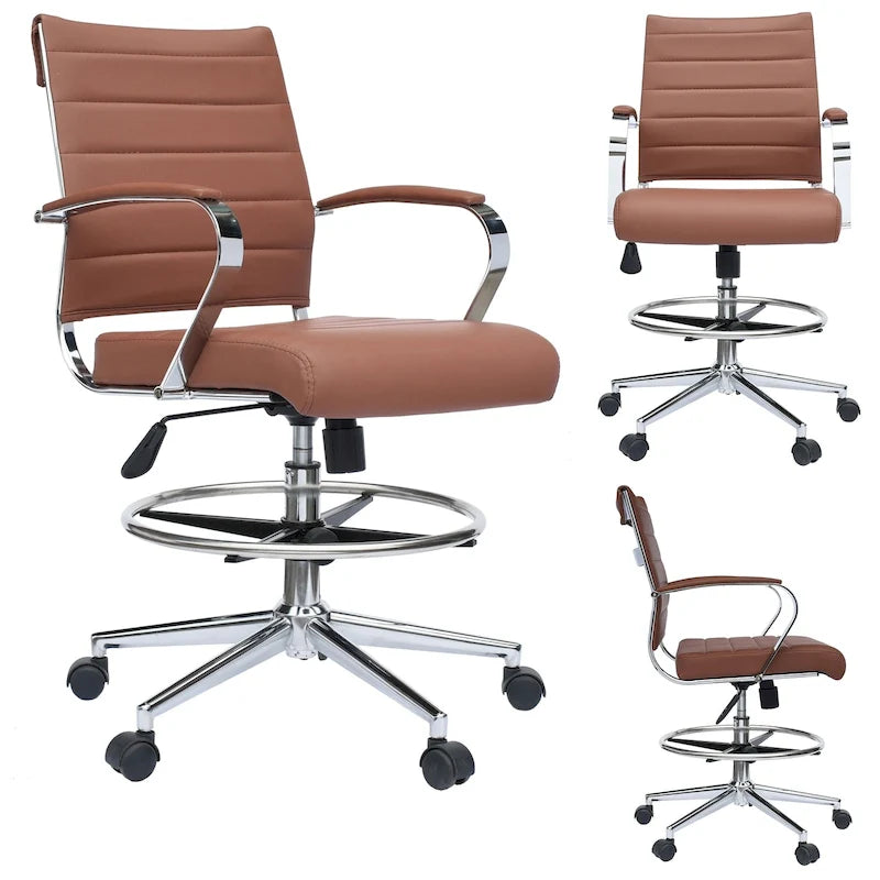 Chaise de bureau à dossier mi-haut en cuir PU, pivotante et réglable en hauteur, avec accoudoirs et repose-pieds