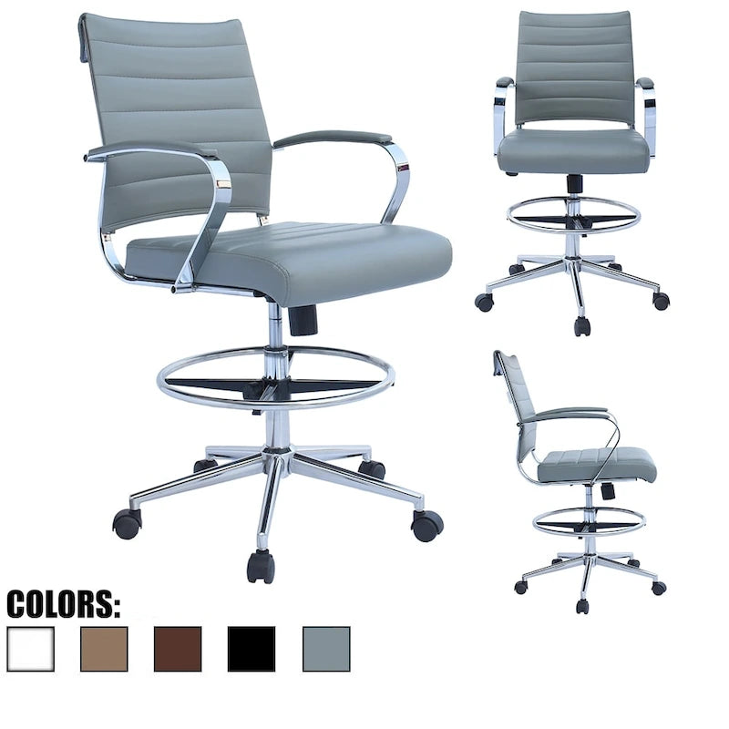 Chaise de bureau à dossier mi-haut en cuir PU, pivotante et réglable en hauteur, avec accoudoirs et repose-pieds