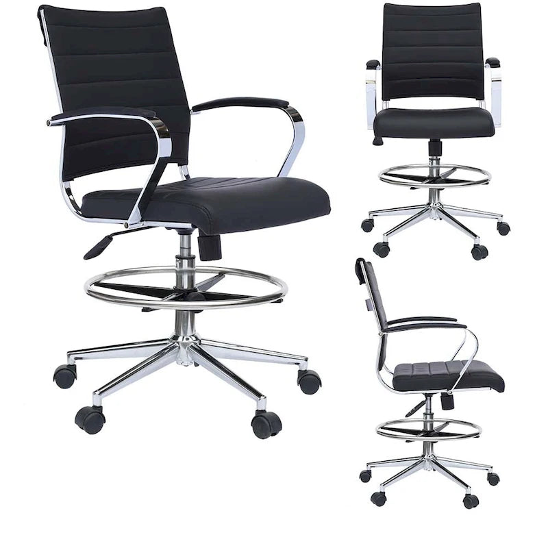 Chaise de bureau à dossier mi-haut en cuir PU, pivotante et réglable en hauteur, avec accoudoirs et repose-pieds