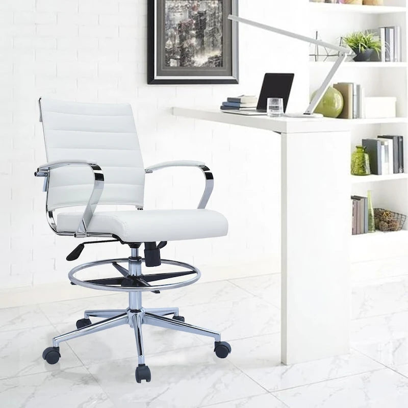 Chaise de bureau à dossier mi-haut en cuir PU, pivotante et réglable en hauteur, avec accoudoirs et repose-pieds
