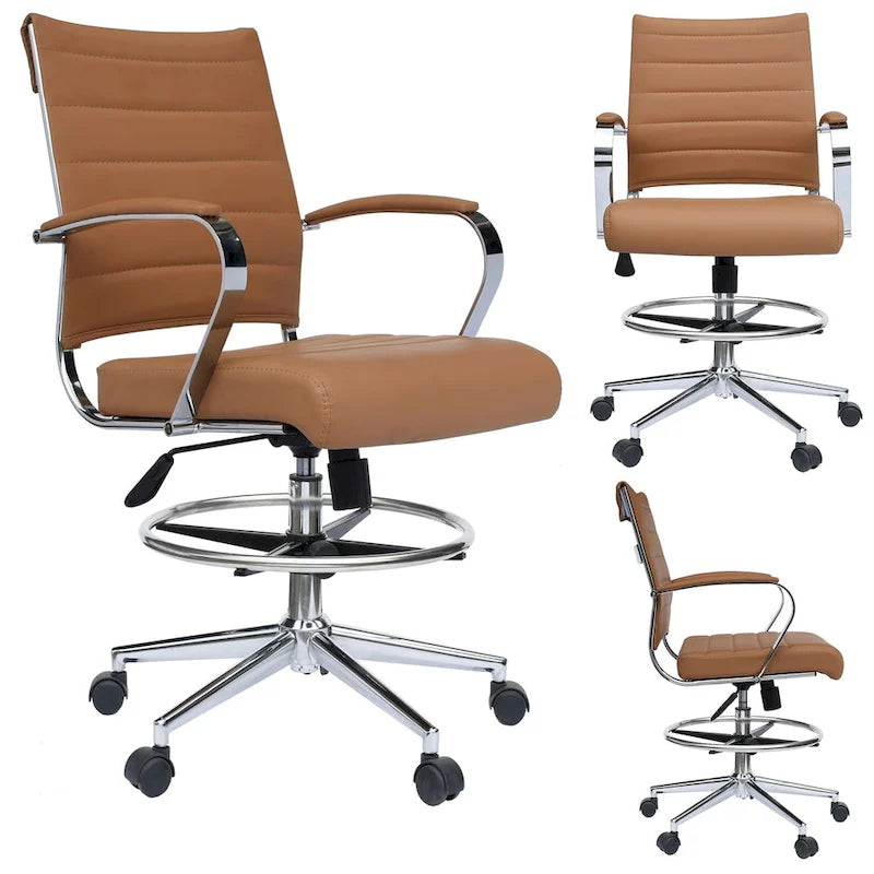 Chaise de bureau à dossier mi-haut en cuir PU, pivotante et réglable en hauteur, avec accoudoirs et repose-pieds