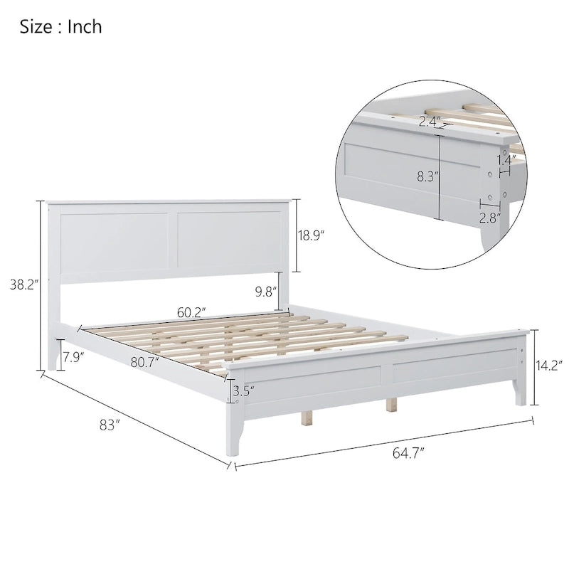 Lit plateforme en bois de pin blanc avec tête de lit et pieds effilés