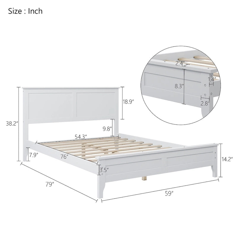 Lit plateforme en bois de pin blanc avec tête de lit et pieds effilés
