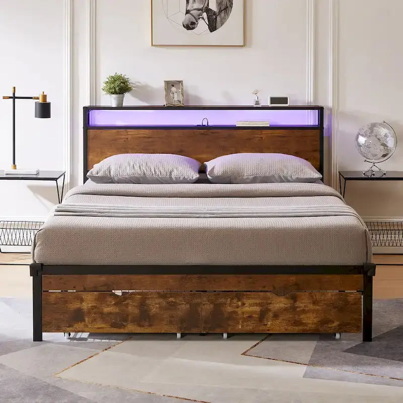 Lit plateforme en métal avec éclairage LED, tête de lit en bois et tiroirs de rangement, marron-noir