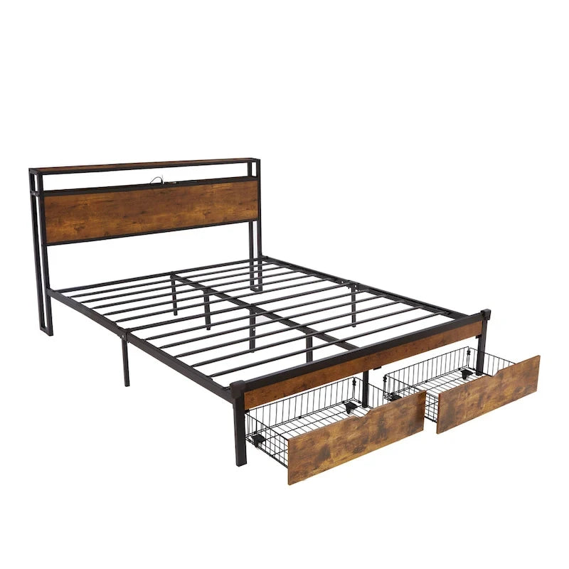 Lit plateforme en métal avec éclairage LED, tête de lit en bois et tiroirs de rangement, marron-noir