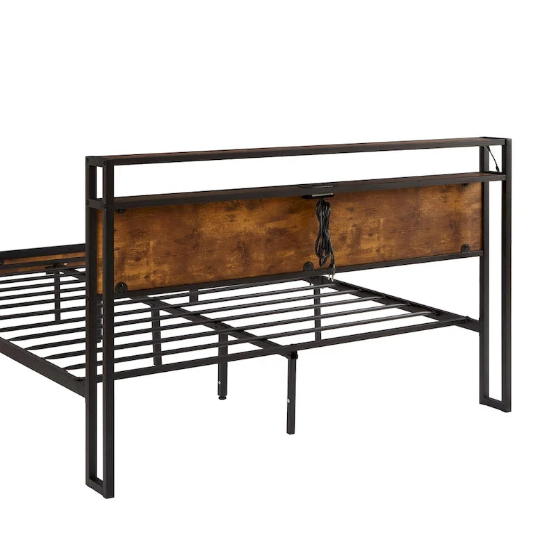 Lit plateforme en métal avec éclairage LED, tête de lit en bois et tiroirs de rangement, marron-noir