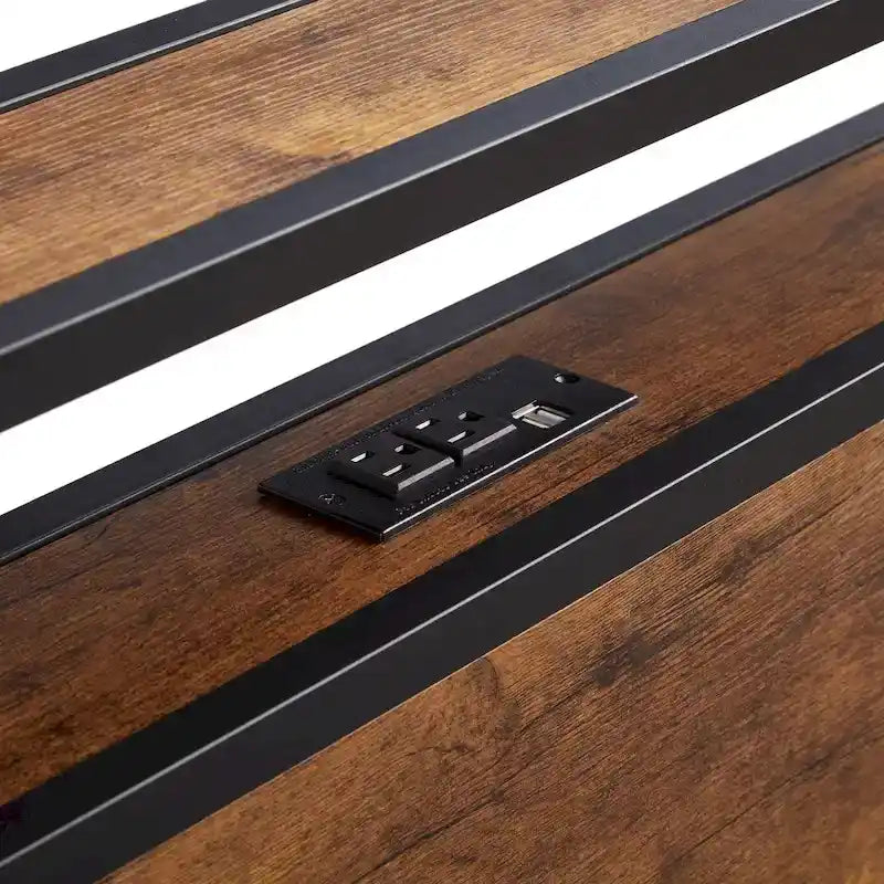 Lit plateforme en métal avec éclairage LED, tête de lit en bois et tiroirs de rangement, marron-noir
