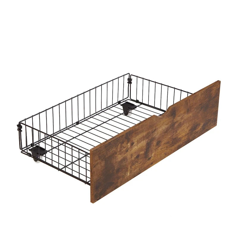 Lit plateforme en métal avec éclairage LED, tête de lit en bois et tiroirs de rangement, marron-noir