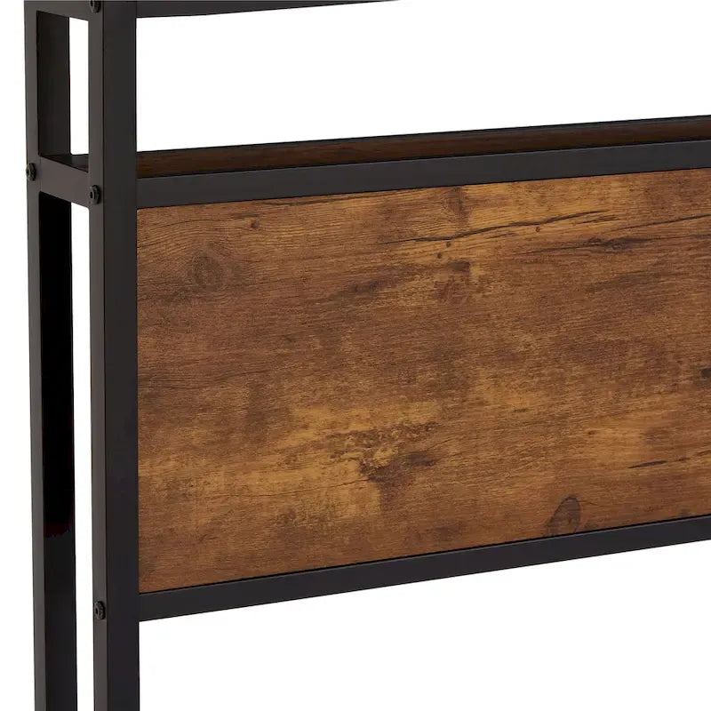 Lit plateforme en métal avec éclairage LED, tête de lit en bois et tiroirs de rangement, marron-noir