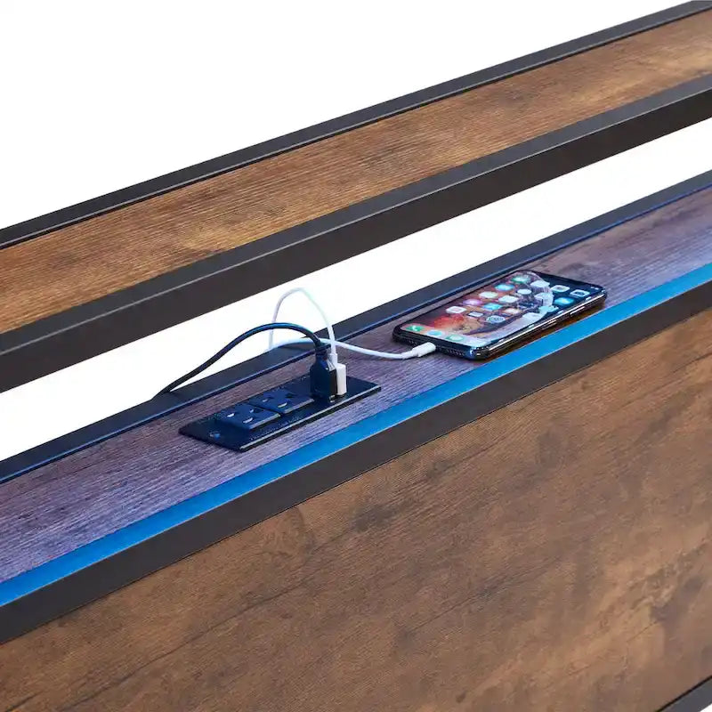 Lit plateforme en métal avec éclairage LED, tête de lit en bois et tiroirs de rangement, marron-noir