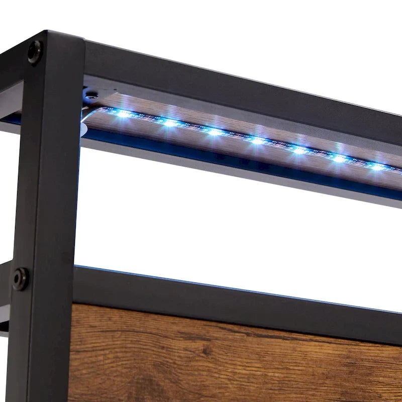 Lit plateforme en métal avec éclairage LED, tête de lit en bois et tiroirs de rangement, marron-noir