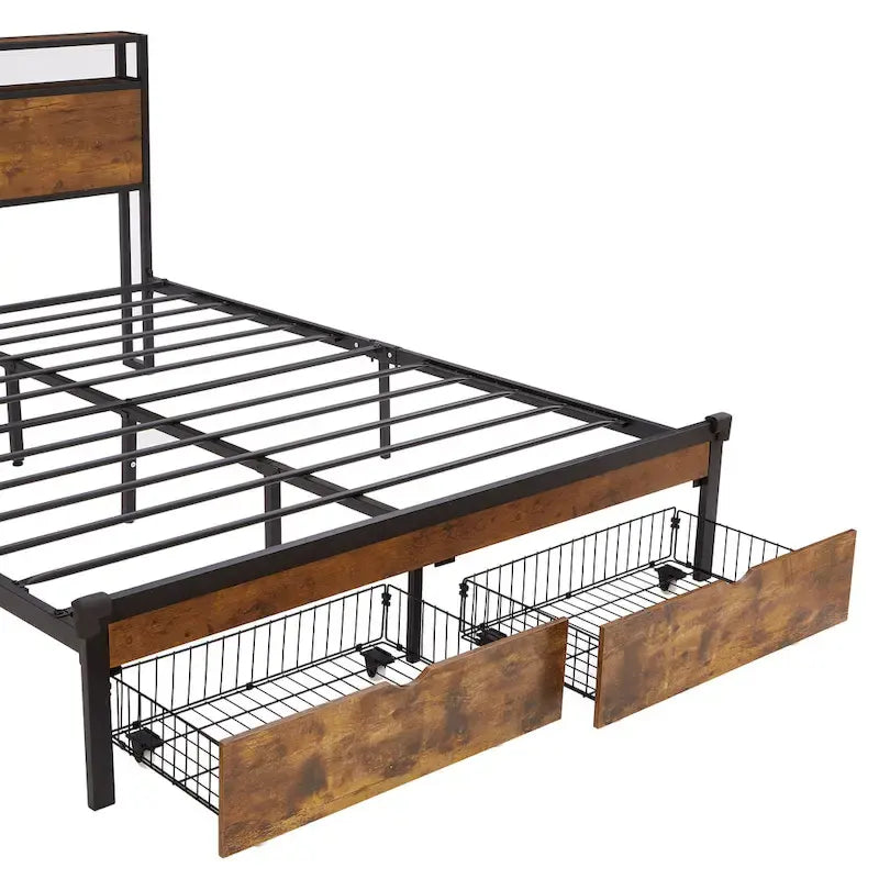 Lit plateforme en métal avec éclairage LED, tête de lit en bois et tiroirs de rangement, marron-noir