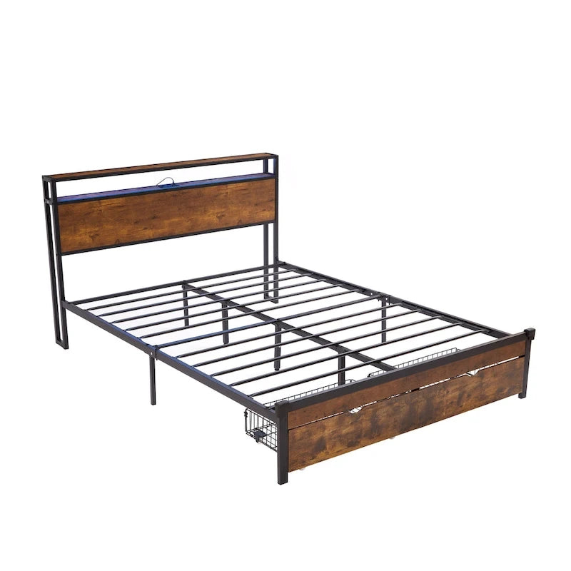 Lit plateforme en métal avec éclairage LED, tête de lit en bois et tiroirs de rangement, marron-noir