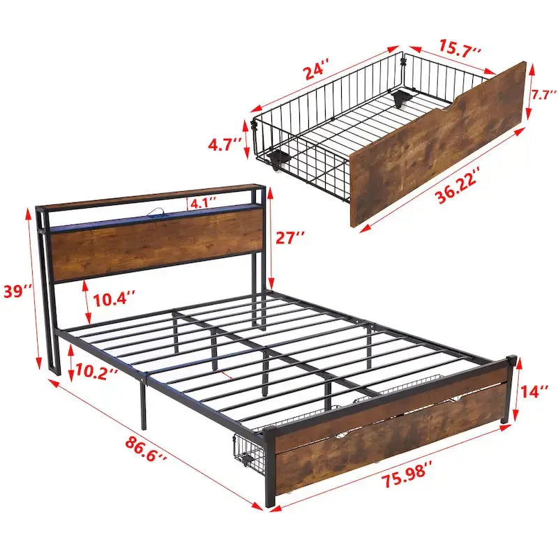 Lit plateforme en métal avec éclairage LED, tête de lit en bois et tiroirs de rangement, marron-noir
