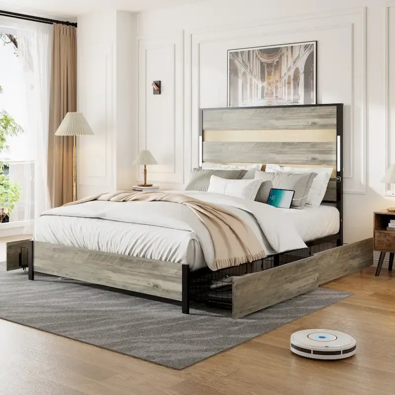 Lit plateforme Queen Size avec tête de lit LED, chargement USB et 4 tiroirs de rangement, gris antique