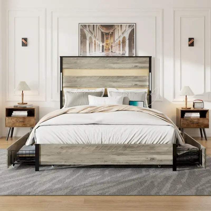 Lit plateforme Queen Size avec tête de lit LED, chargement USB et 4 tiroirs de rangement, gris antique