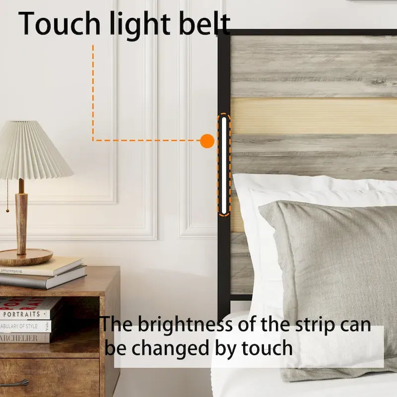 Lit plateforme Queen Size avec tête de lit LED, chargement USB et 4 tiroirs de rangement, gris antique