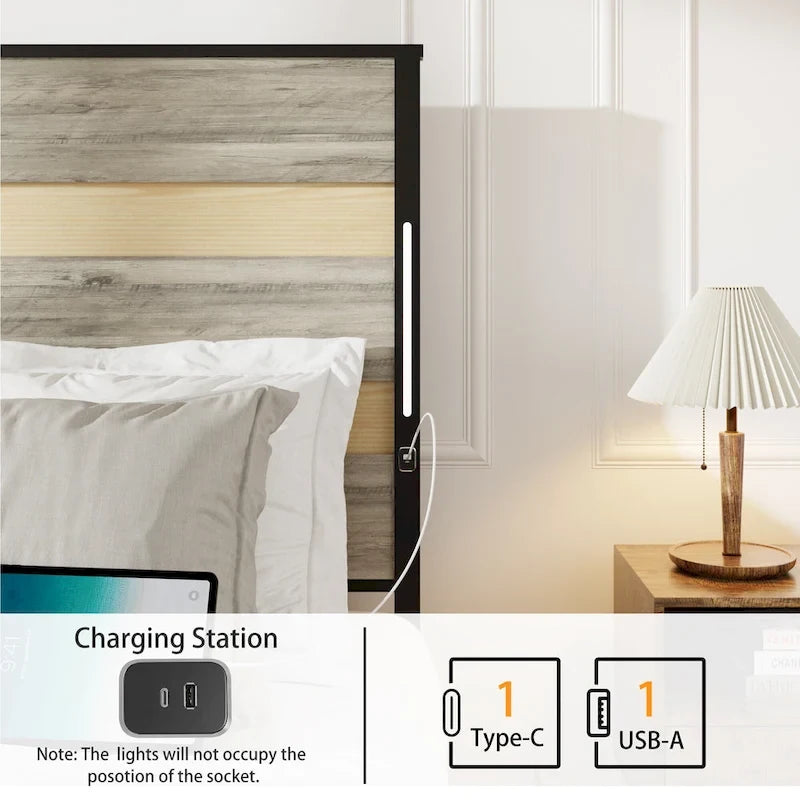 Lit plateforme Queen Size avec tête de lit LED, chargement USB et 4 tiroirs de rangement, gris antique