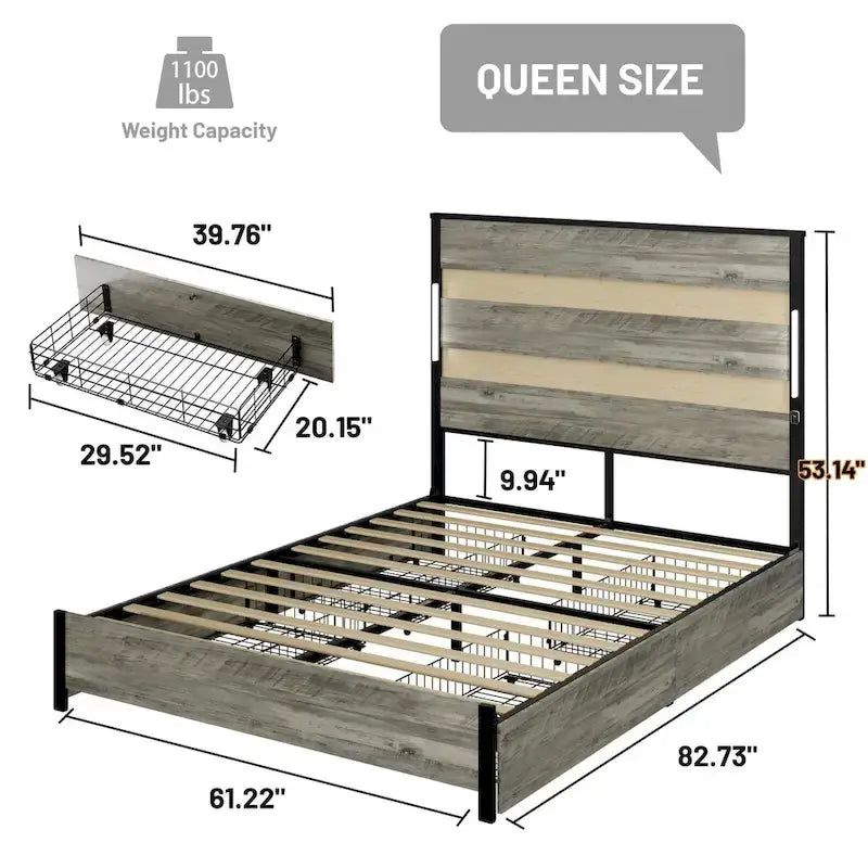 Lit plateforme Queen Size avec tête de lit LED, chargement USB et 4 tiroirs de rangement, gris antique