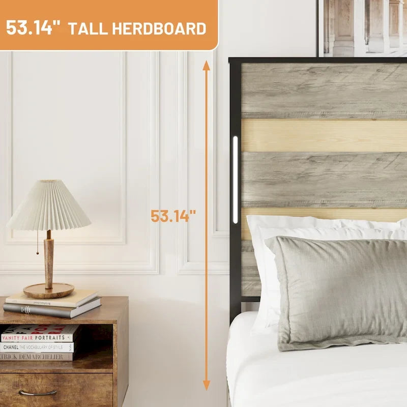 Lit plateforme Queen Size avec tête de lit LED, chargement USB et 4 tiroirs de rangement, gris antique