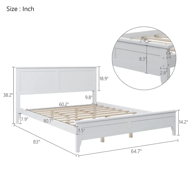 Lit plateforme double blanc en bois massif avec tête de lit élégante