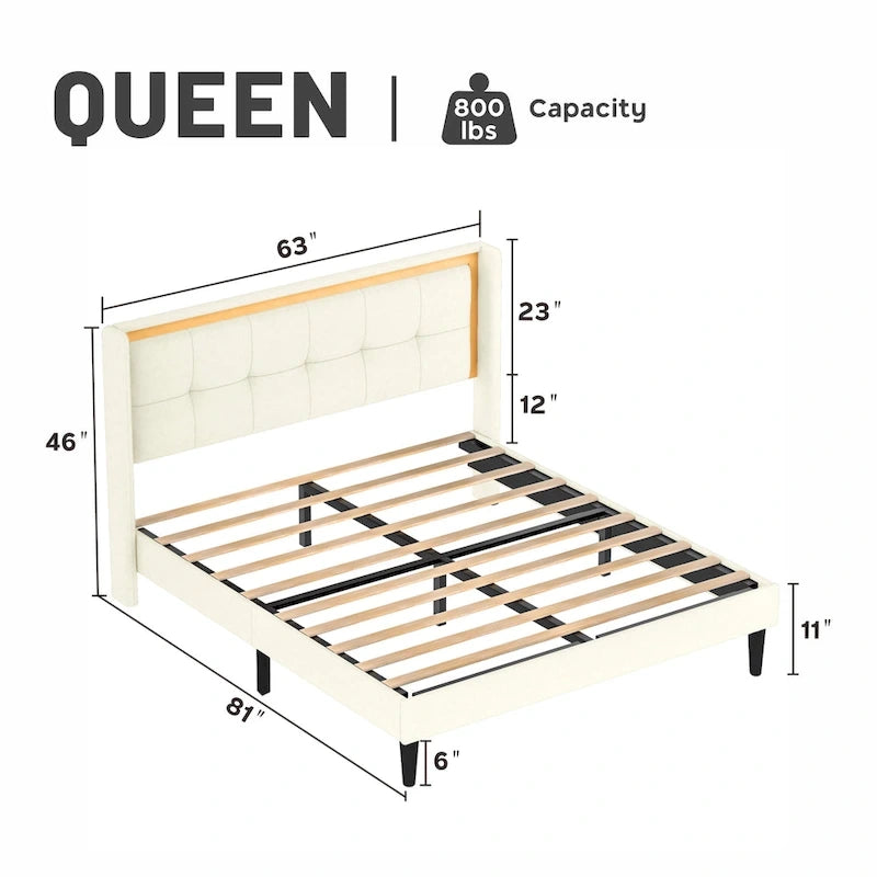 Cadre de lit Queen en tissu blanc avec tête de lit capitonnée à garniture dorée
