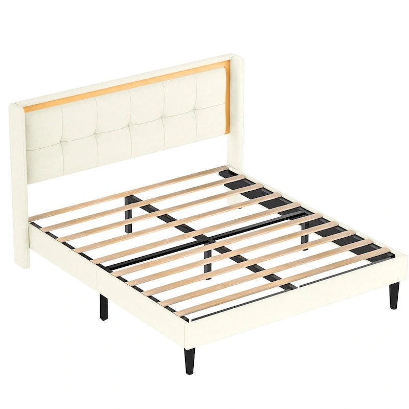 Cadre de lit Queen en tissu blanc avec tête de lit capitonnée à garniture dorée