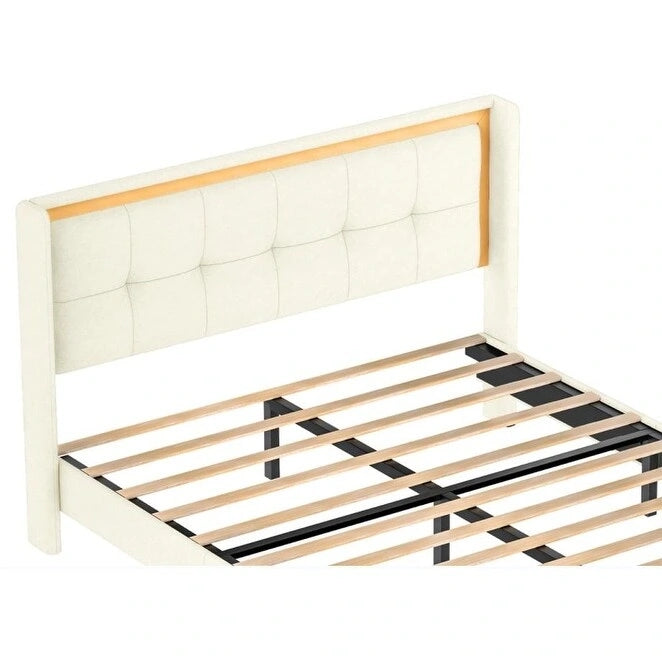 Cadre de lit Queen en tissu blanc avec tête de lit capitonnée à garniture dorée
