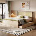 Lit plateforme antique en bois naturel avec 4 tiroirs de rangement et tête de lit en rotin