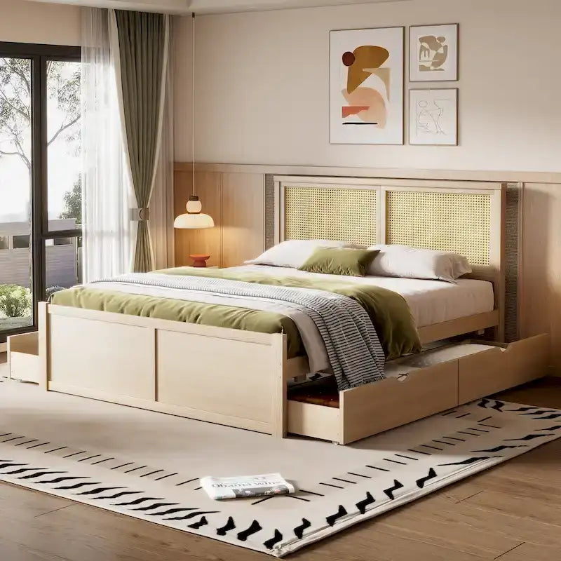 Lit plateforme antique en bois naturel avec 4 tiroirs de rangement et tête de lit en rotin