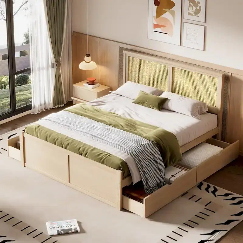 Lit plateforme antique en bois naturel avec 4 tiroirs de rangement et tête de lit en rotin
