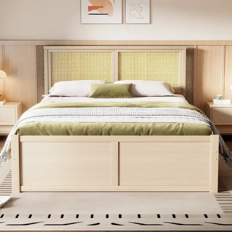 Lit plateforme antique en bois naturel avec 4 tiroirs de rangement et tête de lit en rotin