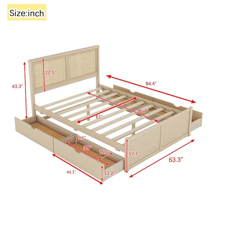 Lit plateforme antique en bois naturel avec 4 tiroirs de rangement et tête de lit en rotin