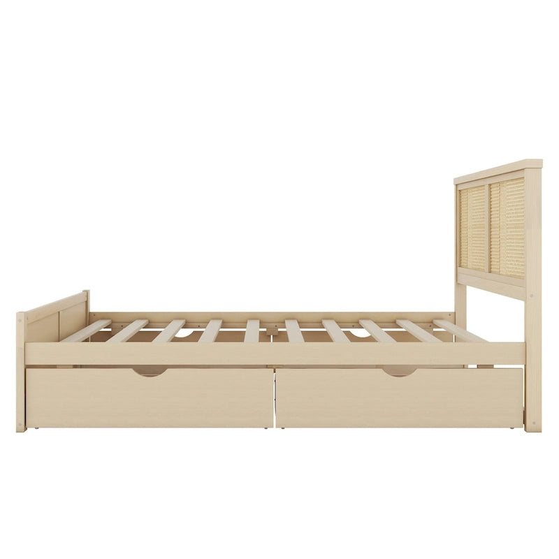 Lit plateforme antique en bois naturel avec 4 tiroirs de rangement et tête de lit en rotin