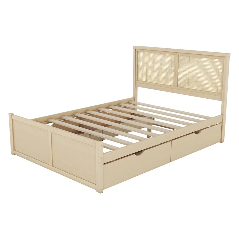 Lit plateforme antique en bois naturel avec 4 tiroirs de rangement et tête de lit en rotin