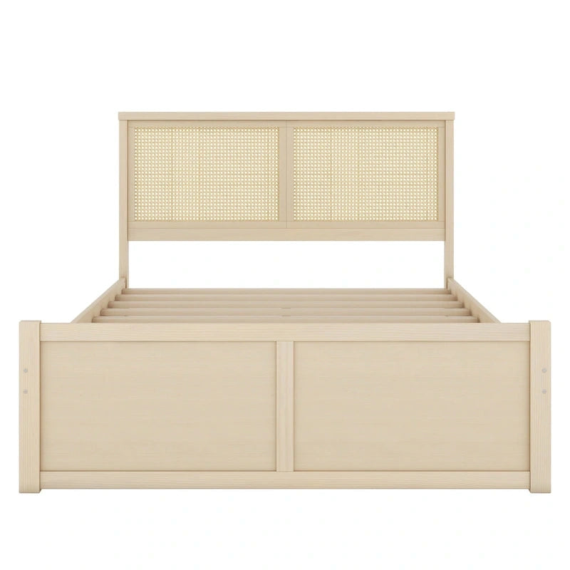 Lit plateforme antique en bois naturel avec 4 tiroirs de rangement et tête de lit en rotin