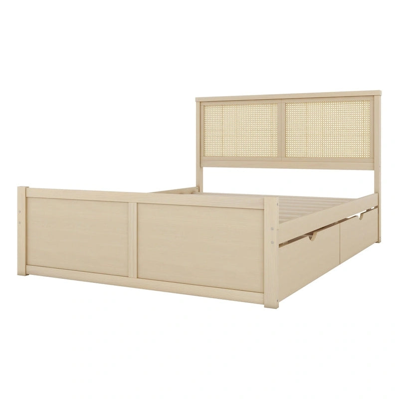Lit plateforme antique en bois naturel avec 4 tiroirs de rangement et tête de lit en rotin