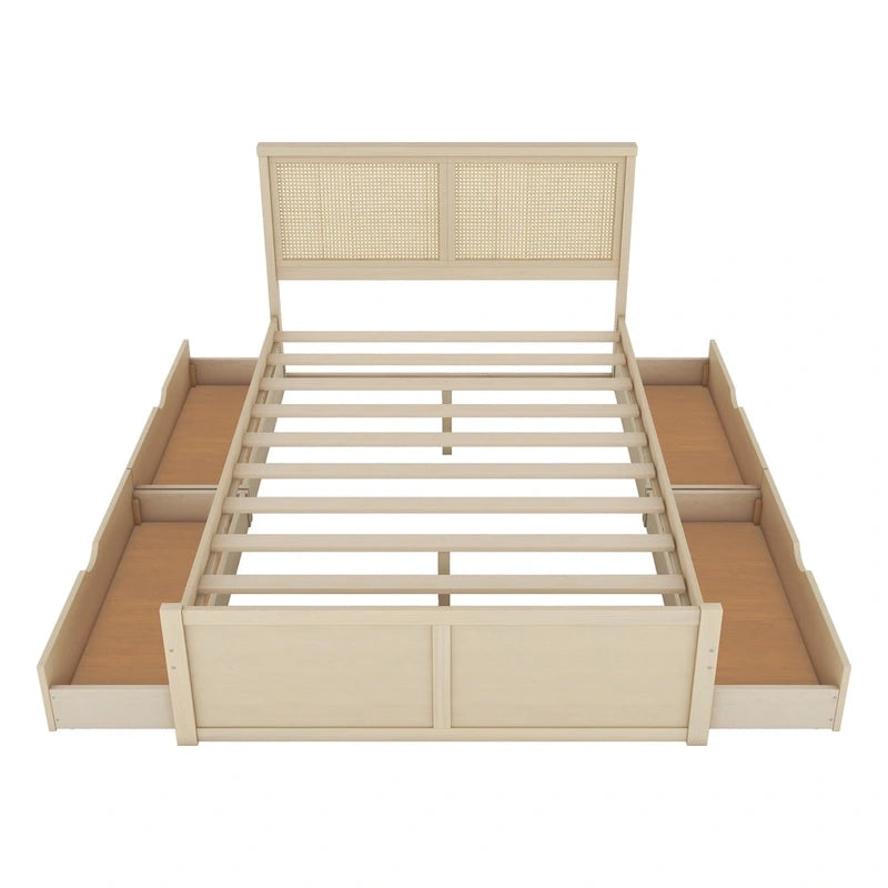Lit plateforme antique en bois naturel avec 4 tiroirs de rangement et tête de lit en rotin