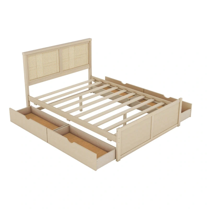 Lit plateforme antique en bois naturel avec 4 tiroirs de rangement et tête de lit en rotin
