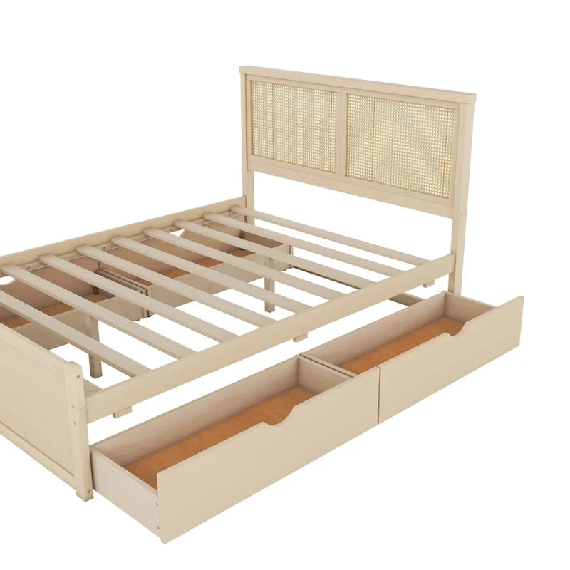 Lit plateforme antique en bois naturel avec 4 tiroirs de rangement et tête de lit en rotin