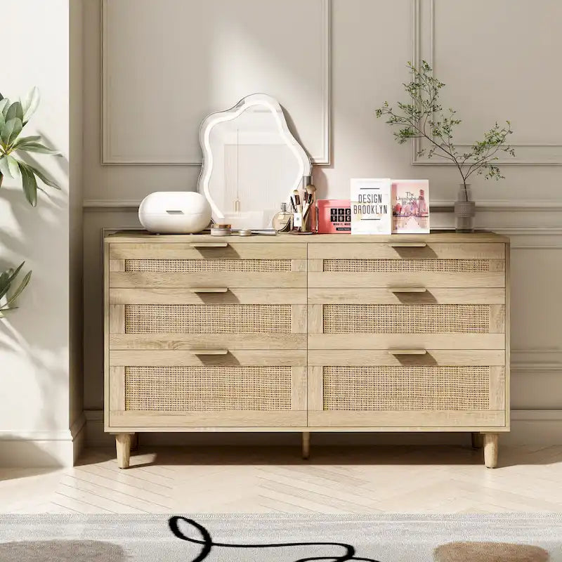Commode 6 tiroirs en rotin naturel avec poignées en métal, pieds en bois, noir naturel
