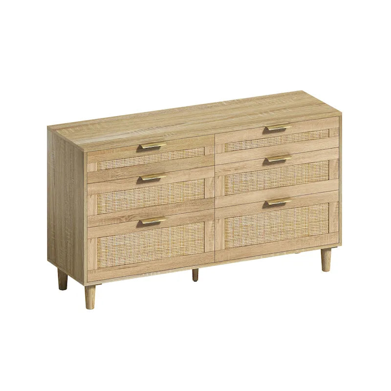 Commode 6 tiroirs en rotin naturel avec poignées en métal, pieds en bois, noir naturel