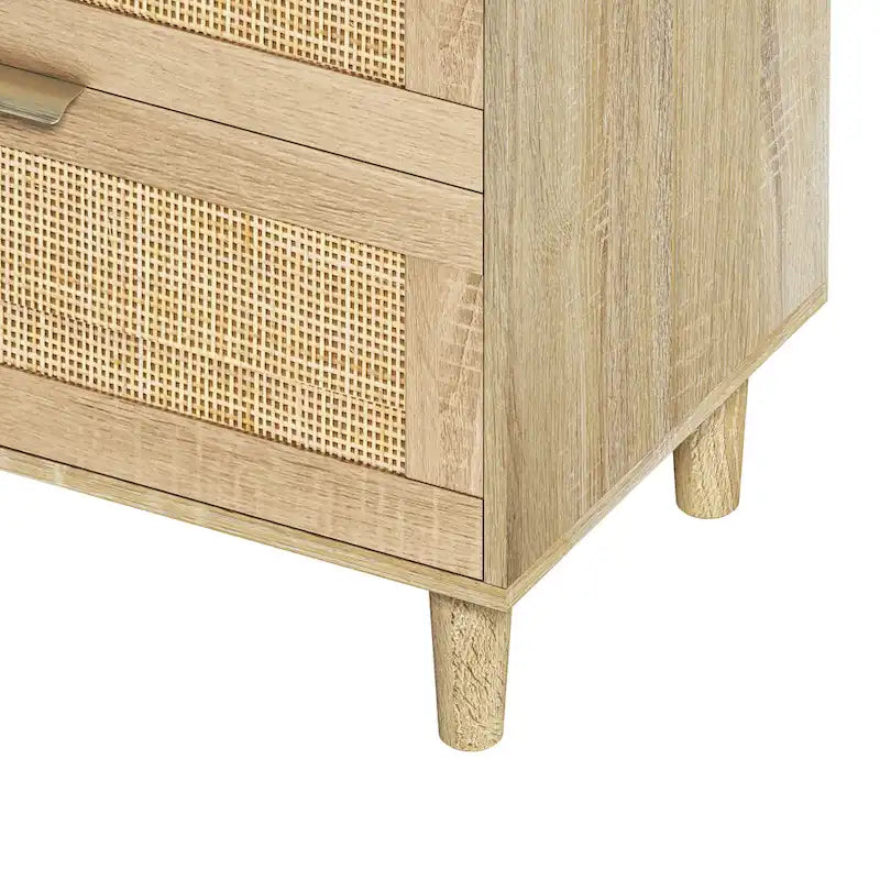Commode 6 tiroirs en rotin naturel avec poignées en métal, pieds en bois, noir naturel