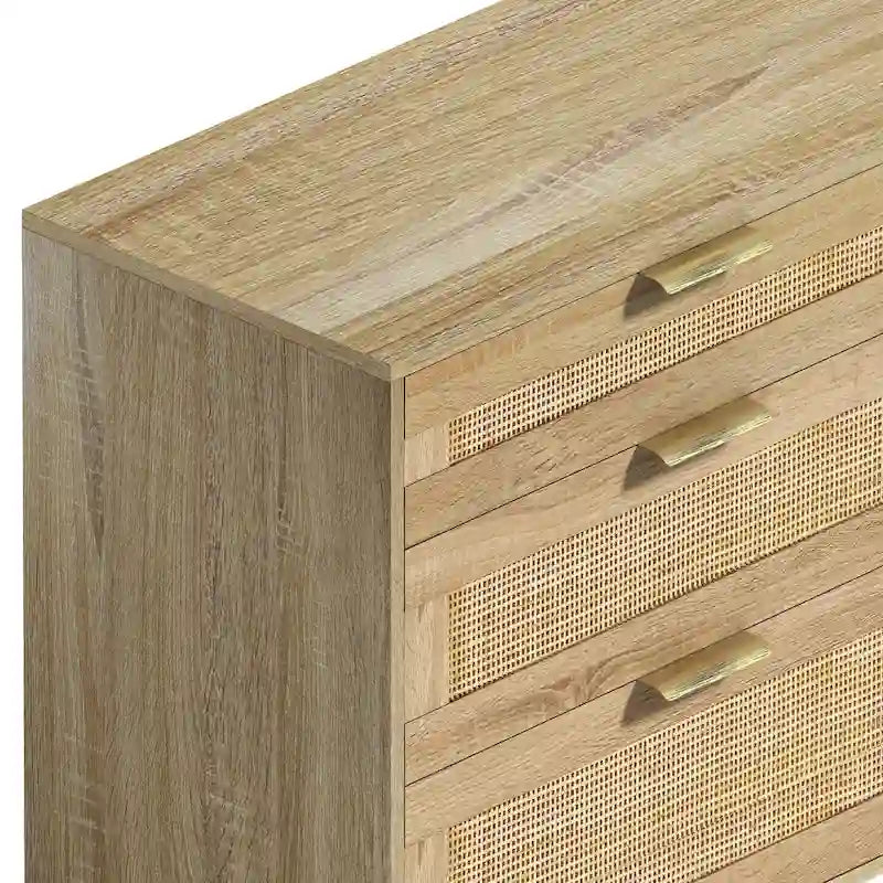 Commode 6 tiroirs en rotin naturel avec poignées en métal, pieds en bois, noir naturel