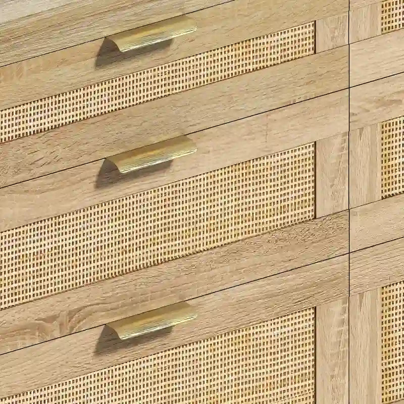 Commode 6 tiroirs en rotin naturel avec poignées en métal, pieds en bois, noir naturel